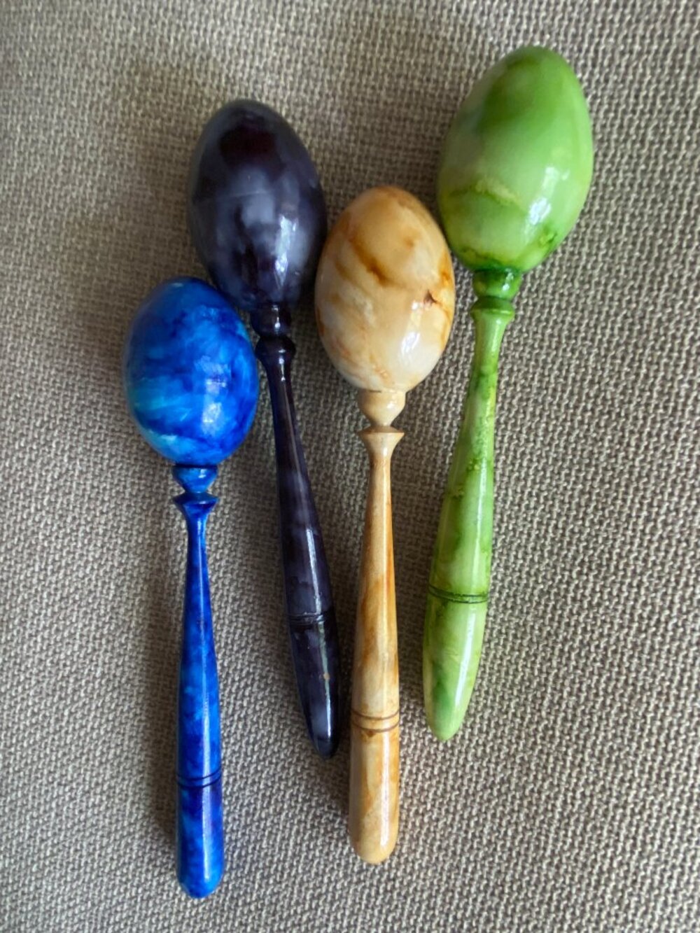 Vintage Artisan Hand Turned Wooden Maracas Shakers Marbled Glossy Set of 4